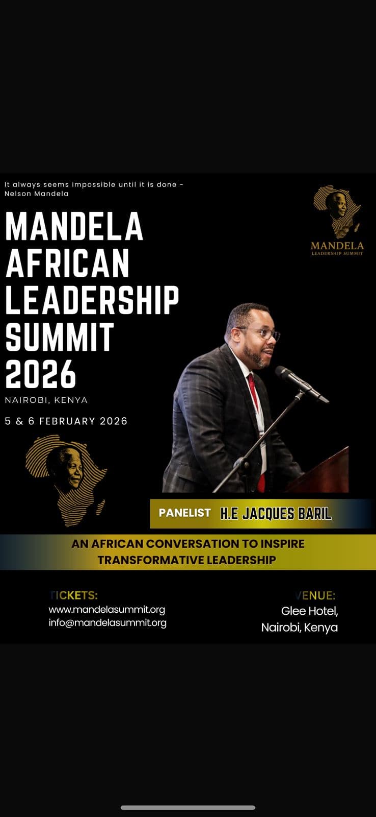 Mandela African Leadership Summit 2026 poster announcing H.E. Jacques Baril as a panelist