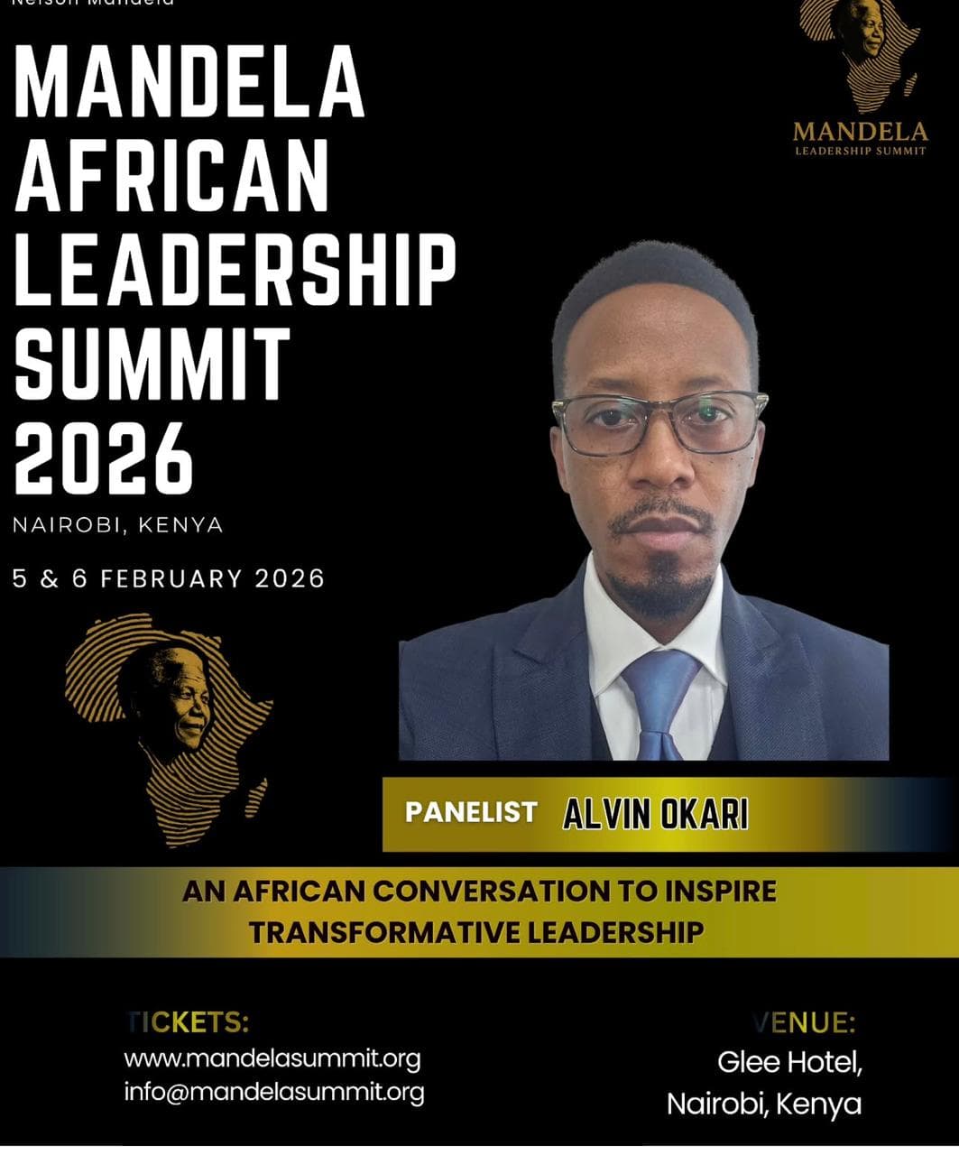Mandela African Leadership Summit 2026 poster announcing Alvin Okari as a panelist