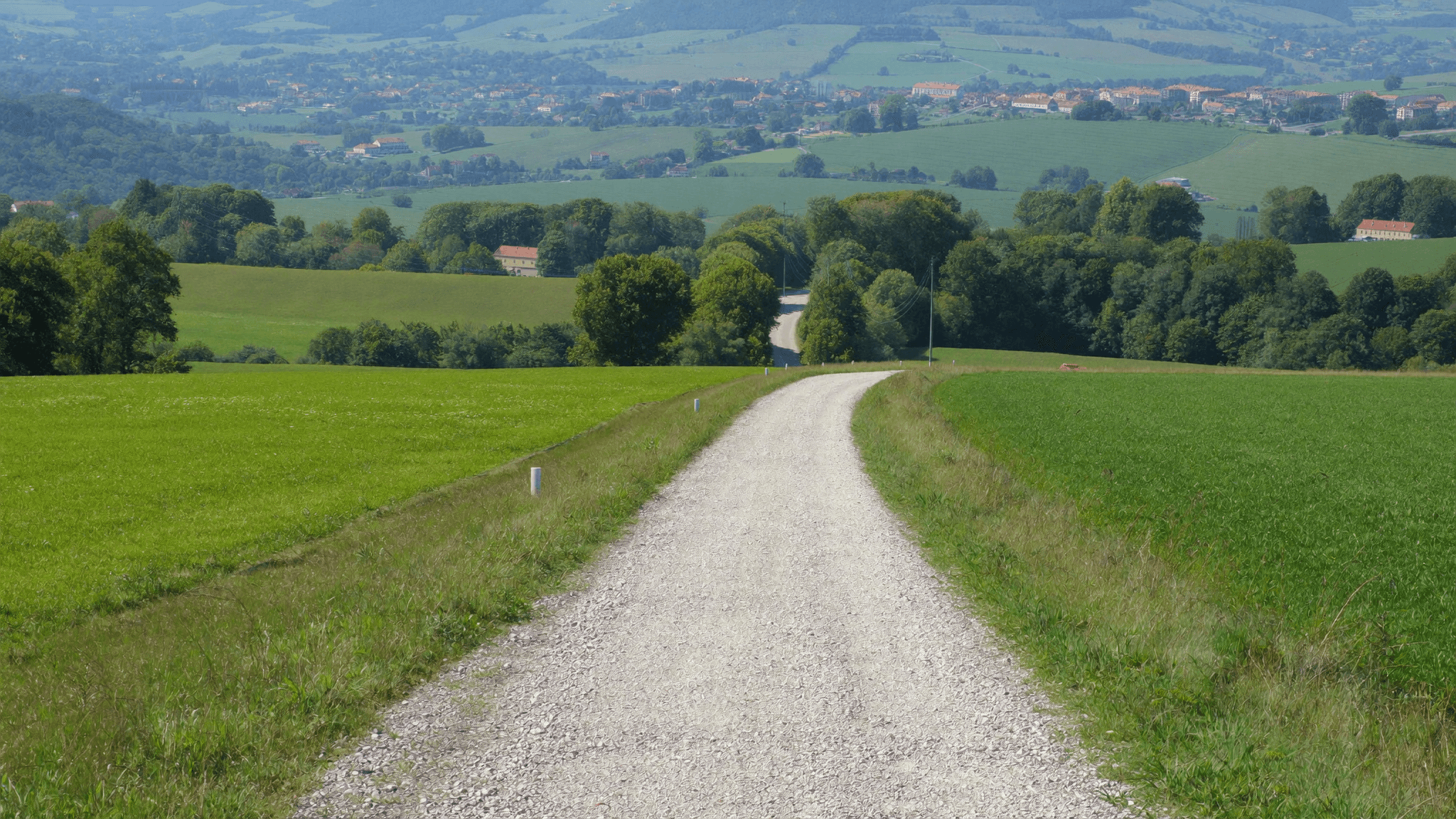 A rural feeder road through green countryside (illustration)