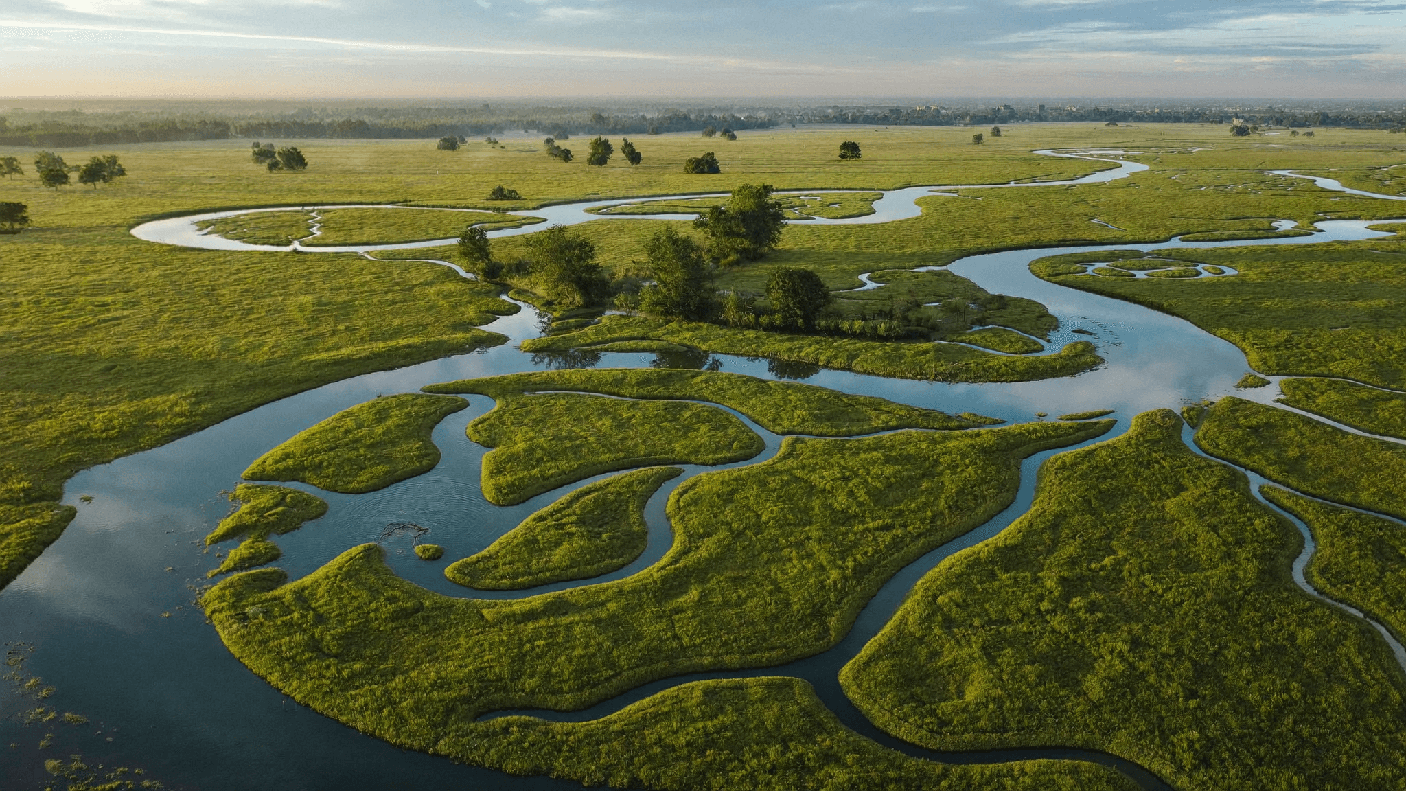 A river winding through green floodplain (illustration)